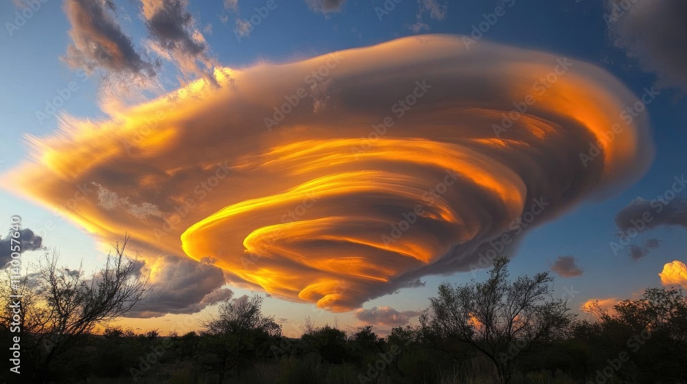 Aufkleber Lenticular clouds illuminated by sunset creating mesmerizing swirling patterns in the sky over a serene landscape.