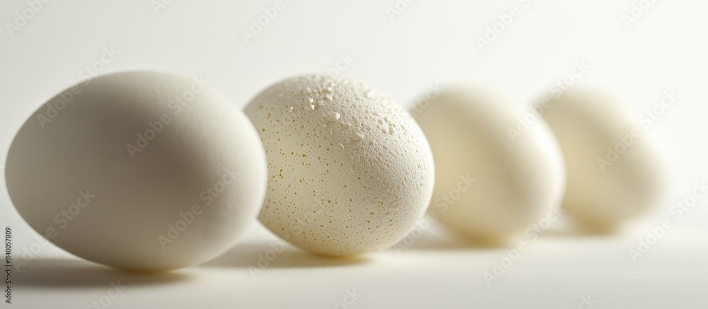 Poster closeup of white easter eggs arranged in a line against a soft white background symbolizing spring a