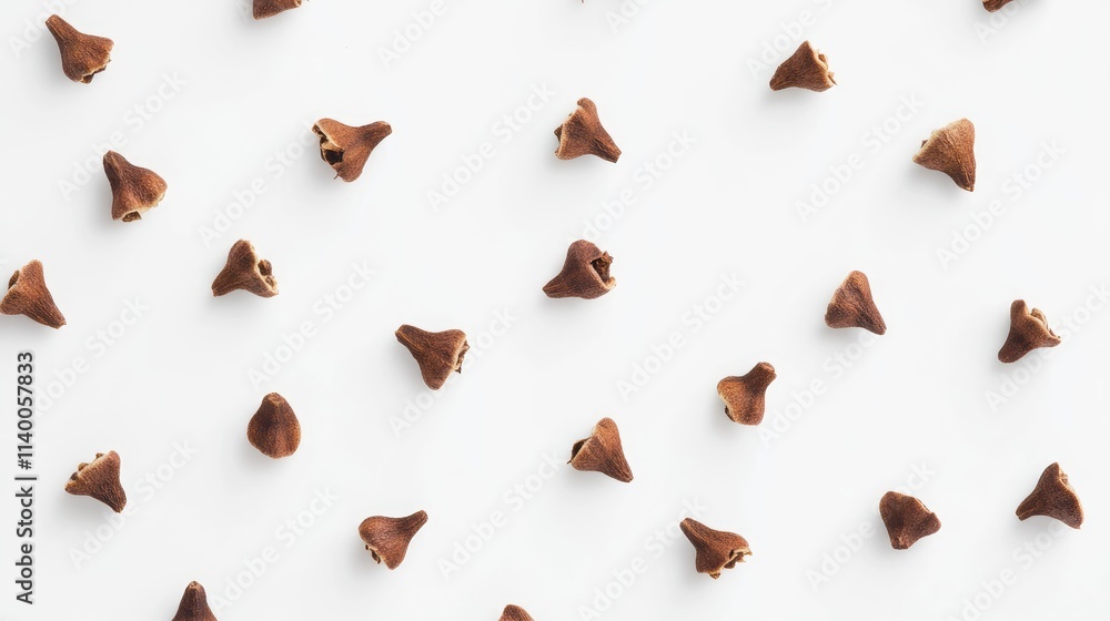 Poster scattered cloves on a clean white background showcasing their unique shapes and textures in a culina