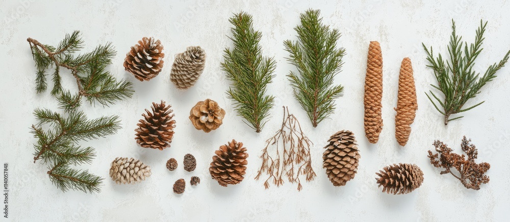 Poster christmas arrangement of pine cones fir branches and decorative elements on a rustic white surface o