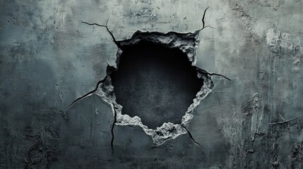 Cracked wall with a prominent hole revealing dark background texture and uneven edges highlighting damage and decay aesthetics