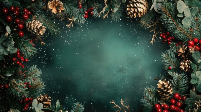 Christmas wreath with festive decorations and space for text on a dark green background