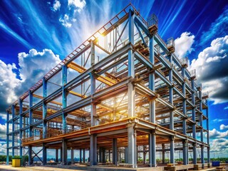 A breathtaking daytime shot:  steel construction against a vibrant blue sky, clouds adding drama.