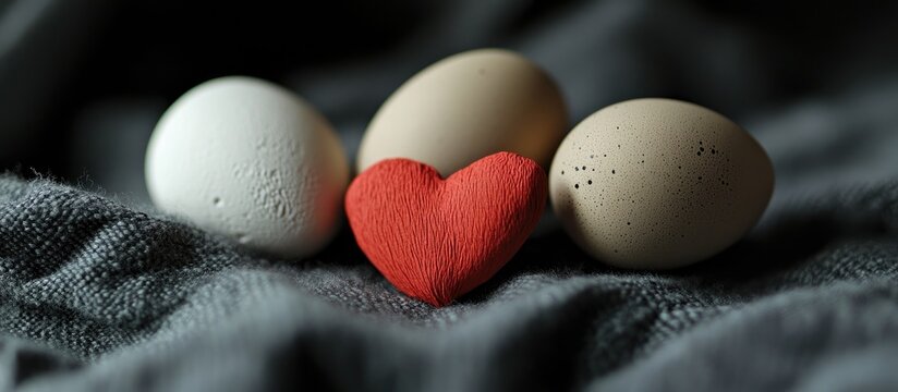 Close up of a small red clay heart surrounded by white and brown eggs on textured gray fabric and dark surface