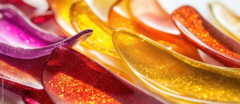 Poster vibrant assortment of colorful glossy chili pepper slices creating a visually appealing closeup text