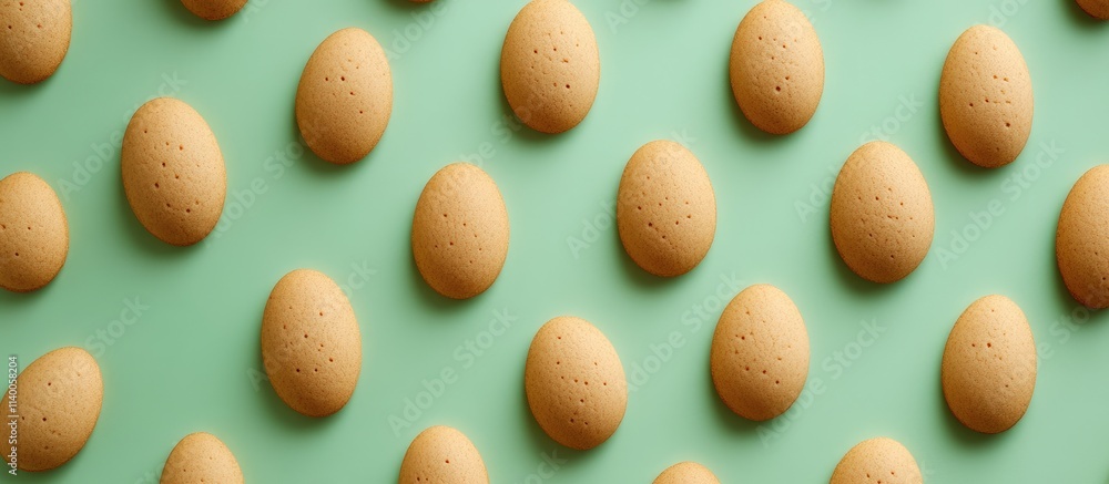 Poster egg-shaped cookies arranged on a pastel green surface viewed from above creating a delightful and ap