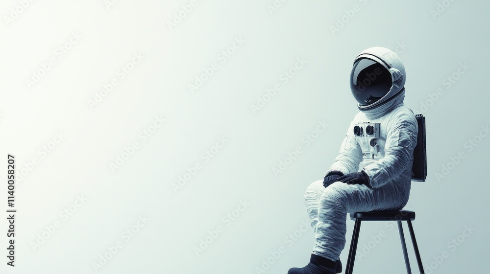 Poster an astronaut seated on a chair, conveying themes of isolation and exploration.