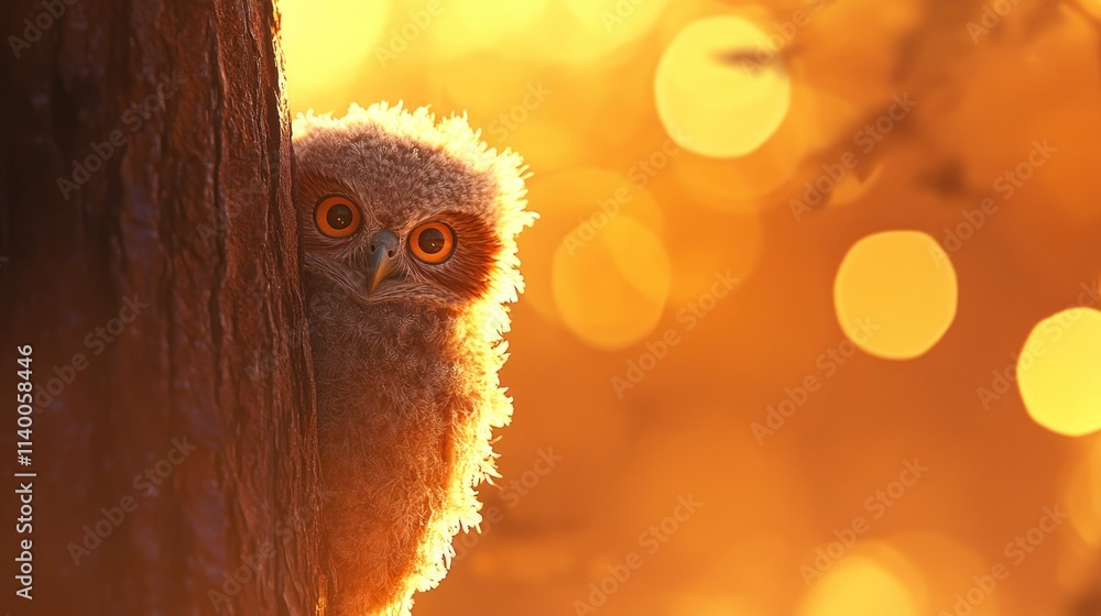 Poster a fluffy owl peeks from behind a tree, illuminated by warm, golden light.