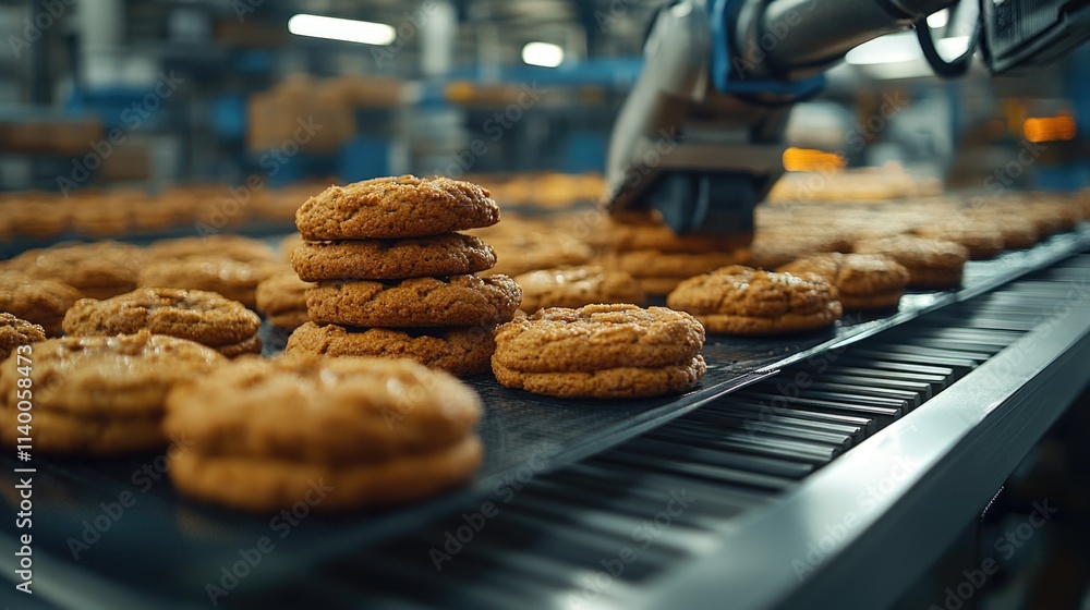 Poster automated cookie production line in a modern bakery setting