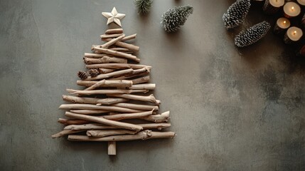Fototapeta premium Rustic wooden Christmas tree arrangement on tabletop with pinecones and candles for festive holiday decor and aesthetic design inspiration