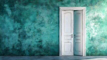 An open white door in a teal textured wall with a concrete floor.