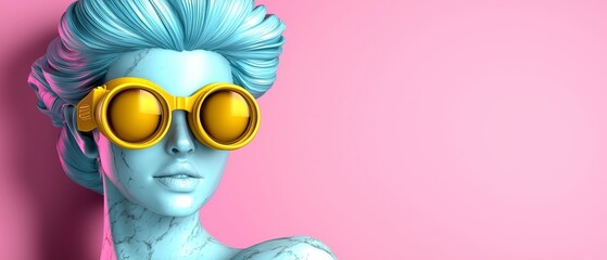 Fototapeta premium Stylish Marble Statue Woman in Yellow Sunglasses on Pink