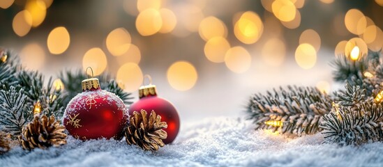 Winter bokeh background with festive decorations including red ornaments pinecones and soft snow for seasonal holiday themes
