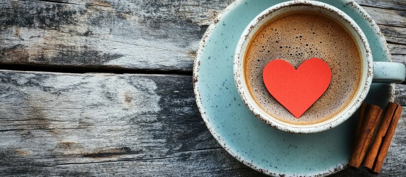 Coffee cup with paper heart and cinnamon sticks on rustic wooden table background ideal for cozy and romantic themed compositions - Powered by Adobe