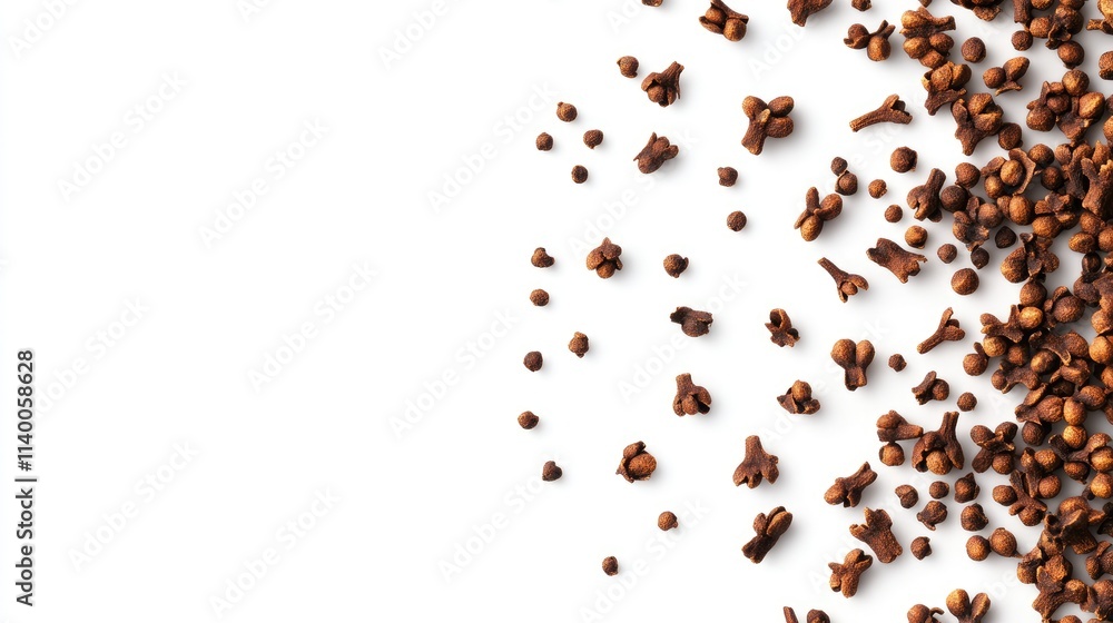 Poster cloves spice scattered on a clean white background showcasing their unique shape and texture for cul