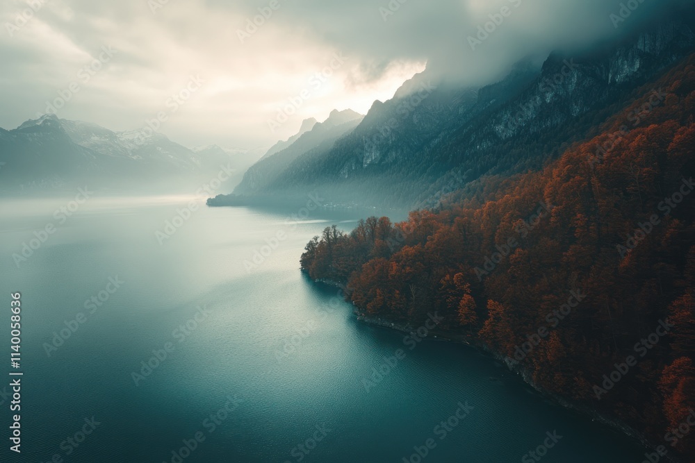 Poster serene lake surrounded by mountains and autumn foliage under a cloudy sky.