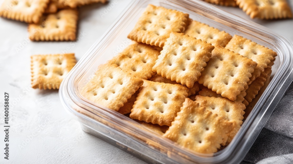 Poster assorted crackers in a transparent plastic container on a light background with scattered snacks aro