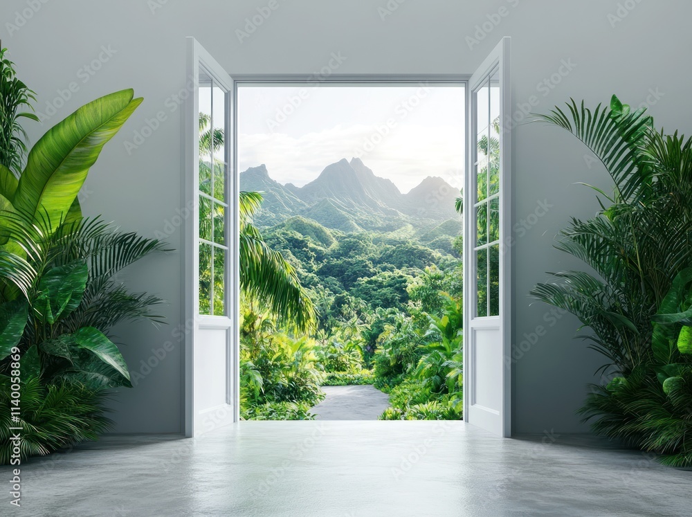 Poster a serene view of mountains and lush greenery through an open doorway.