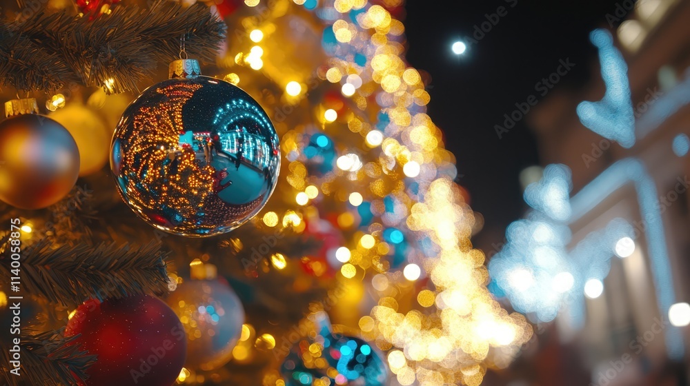 Poster glowing christmas tree adorned with colorful ornaments creating a festive bokeh backdrop during the 