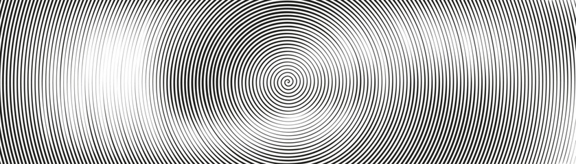 Abstract spiral pattern background with concentric circular shapes and radial effect. Black and white geometric design with ripple twist. Flat vector illustration isolated