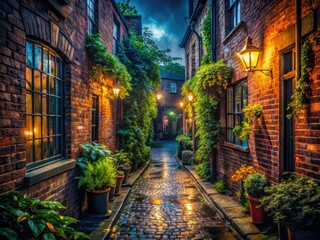 Fototapeta premium A dark, atmospheric alleyway in Britain: cobblestones and low light capture a hidden passage's urban exploration mystery.