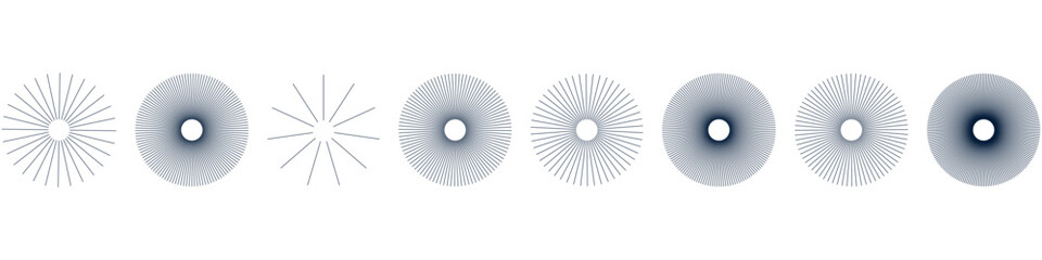 Radial sunburst with sharp rays and geometric lines. Abstract starburst shape elements set . Flat vector illustration isolated on white background.