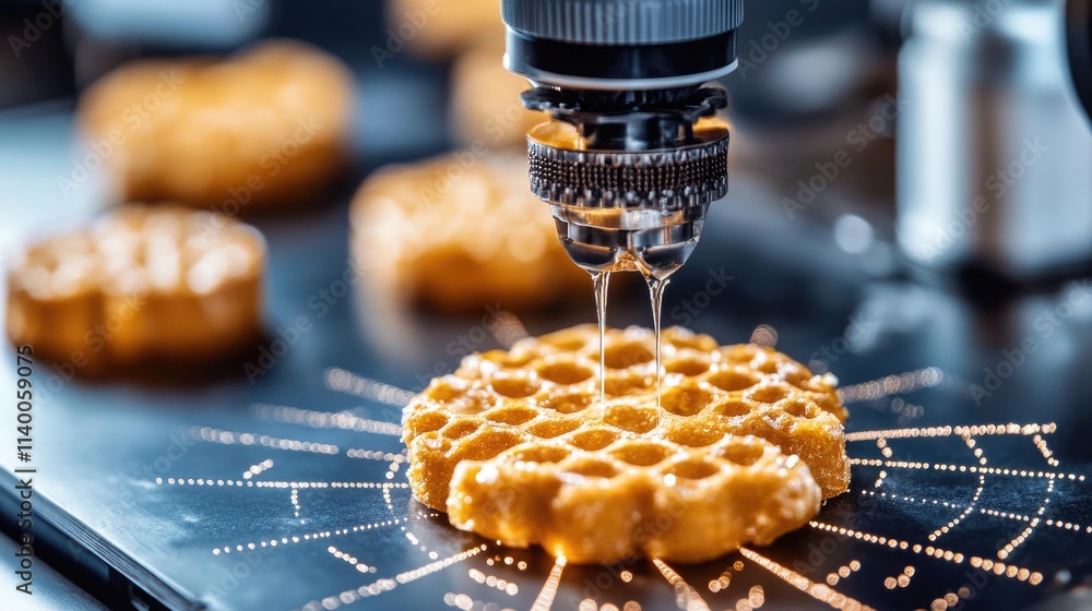 Poster close-up of 3d printer creating intricate honeycomb pattern with precision