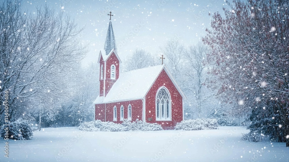 Poster charming red church in a serene snowy landscape with falling snowflakes and winter trees creating a 