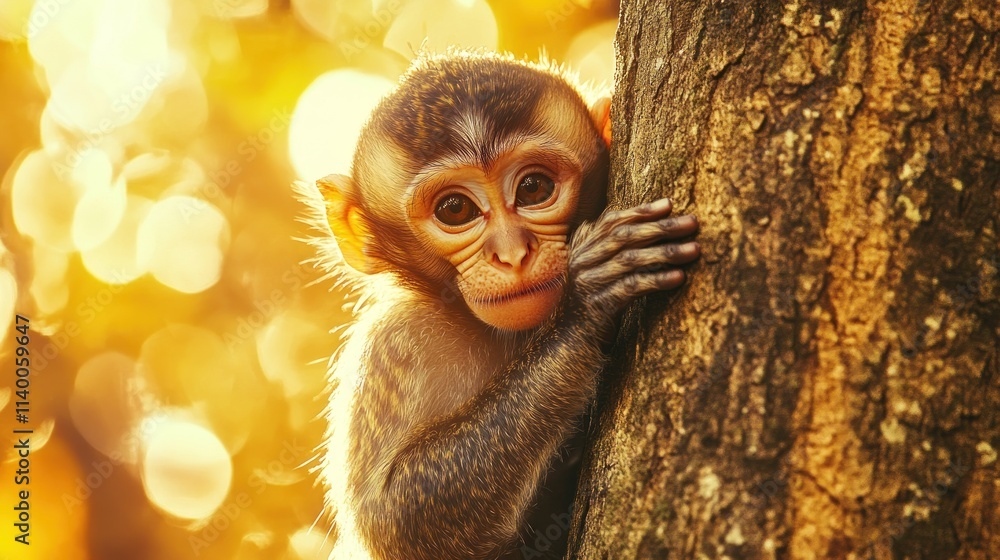 Poster a young monkey peeks from behind a tree, surrounded by a warm, golden bokeh background.