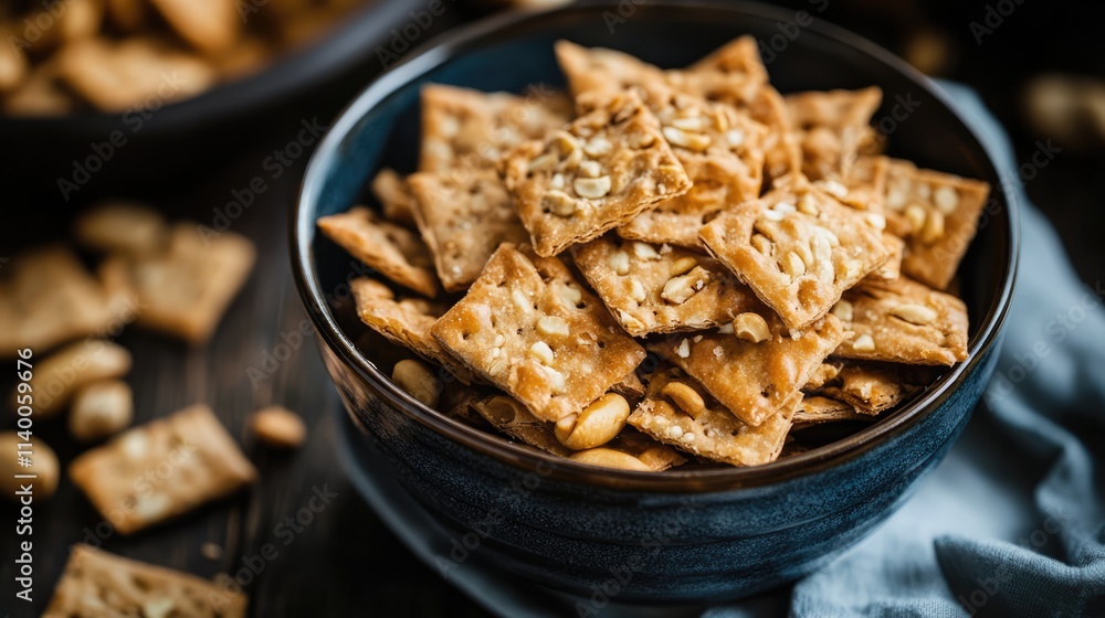 Poster delicious cracker nuts snack served in a black bowl with a rustic backdrop showcasing peanuts and cr