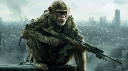 A realistic depiction of a soldier-like ape, holding a sniper rifle in a dystopian cityscape.