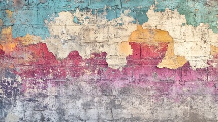 Obraz premium Colorful cracked vintage wall with peeling paint textures in shades of red, blue, and yellow for artistic and architectural backgrounds.