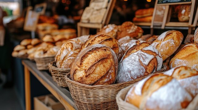 Freshly baked artisan bread displayed in rustic baskets at a market stall