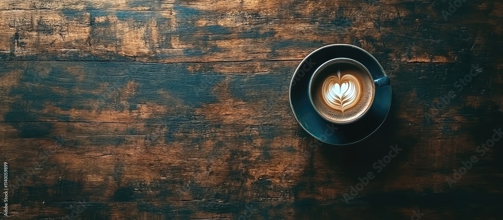 Poster cup of coffee with latte art on rustic wooden table with ample copy space for branding or promotiona