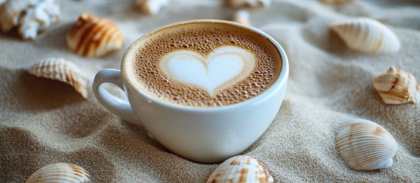 Cappuccino with heart-shaped latte art on sandy beach with seashells creating a cozy and inviting summer atmosphere