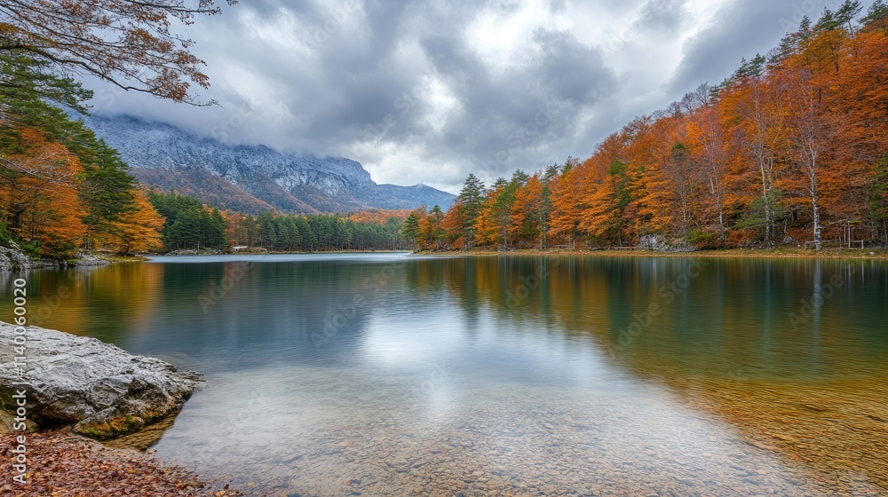 Aufkleber serene autumn lake with cloudy sky and colorful forest backdrop reflecting in calm waters selective 