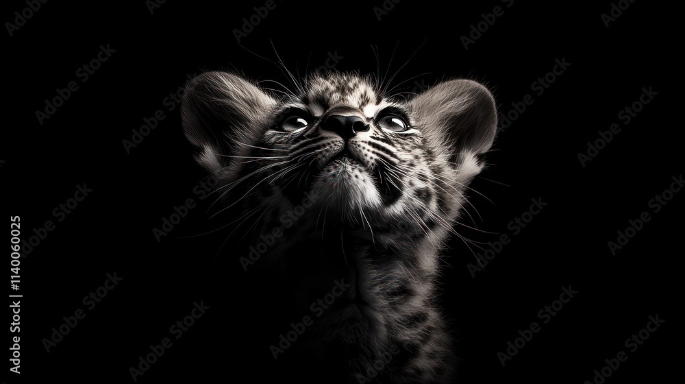 Poster a close-up of a snow leopard cub gazing upwards against a dark background.
