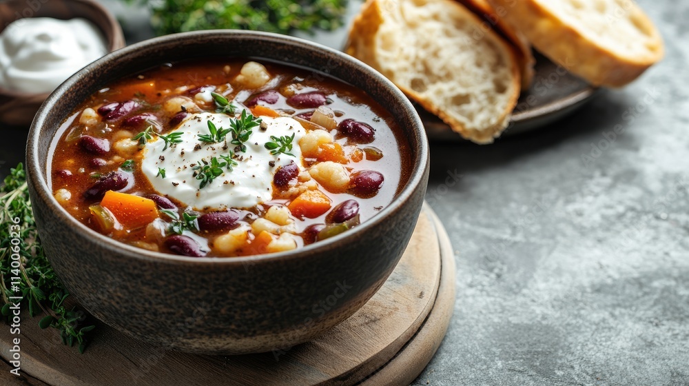 Poster creamy cauliflower and red bean soup garnished with sour cream and fresh thyme on a light grey backg