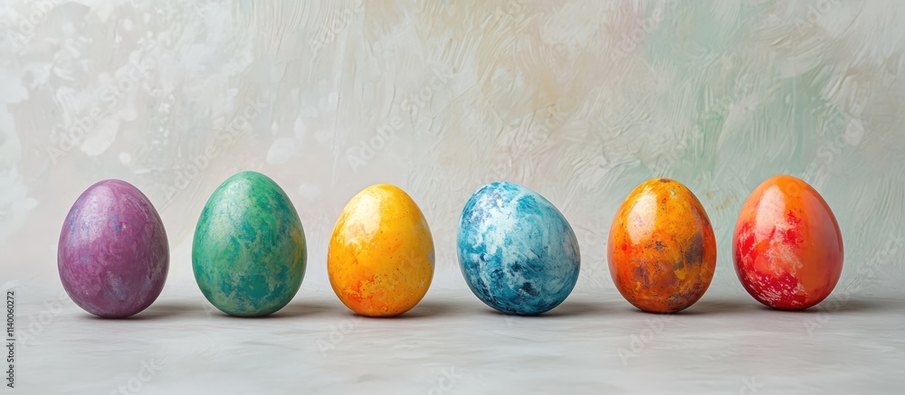 Poster vibrant easter eggs arranged in a row on a soft pastel background creating a festive and colorful ho