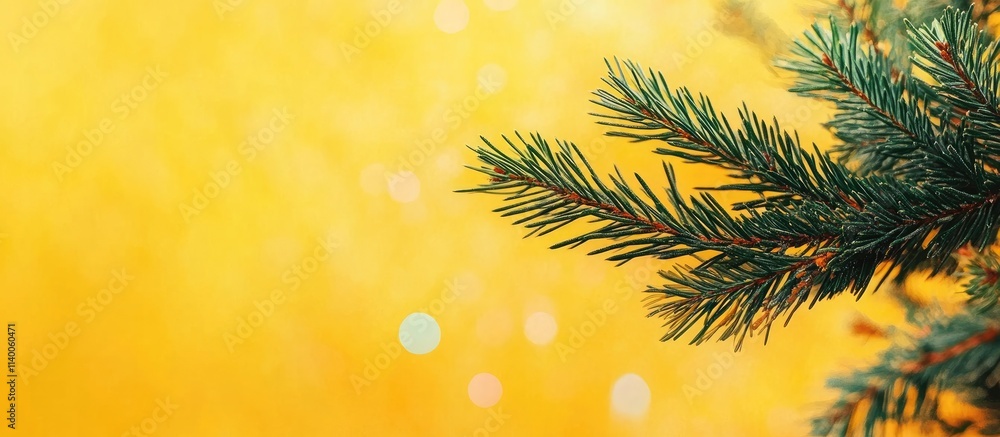 Poster green spruce branch on vibrant yellow backdrop with bokeh effects ideal for festive greeting cards o