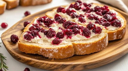 Cranberry cream cheese bread slices on wooden plate with fresh cranberries on white background