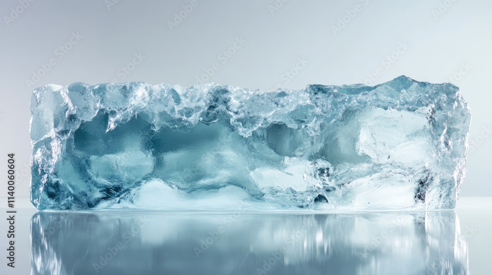 Poster frosted natural ice block illuminated in cold blue tones on a reflective surface with clipping path 