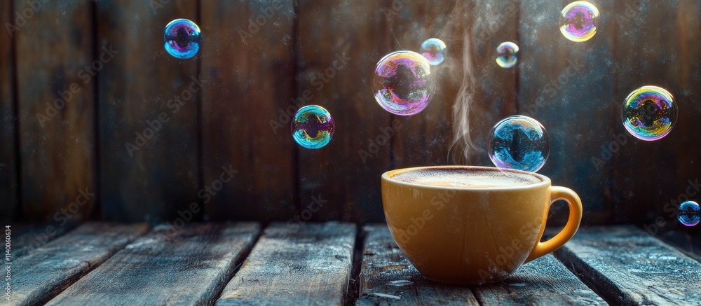 Aufkleber cozy cup of coffee with colorful bubbles floating above on a rustic timber background creating a war