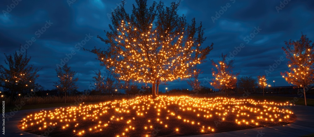 Poster illuminated tree adorned with warm lights glowing against a twilight sky creating a cozy and festive