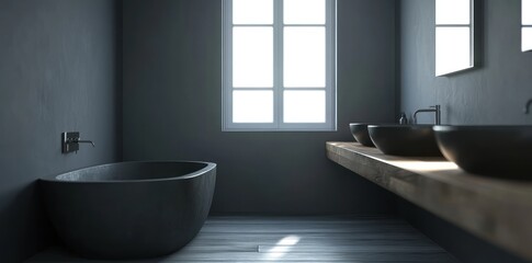 A minimalist bathroom featuring a freestanding tub and modern sinks with natural light.