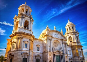 Cadiz Cathedral Low Angle, Azure Sky, Dramatic Light, High-Quality AI Photo