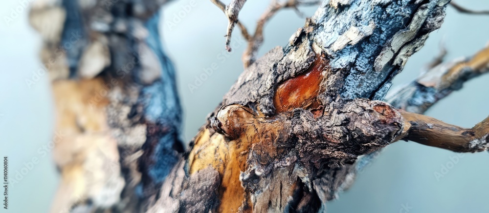 Poster detailed close-up of a textured tree bark showcasing natural colors and patterns in a blurred backgr