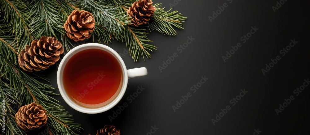 Aufkleber cozy cup of tea with fir branches and pine cones on a dark backdrop creating a warm and inviting win
