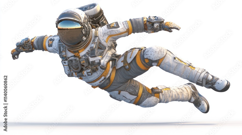 Poster a futuristic astronaut in a dynamic pose, seemingly floating in space.