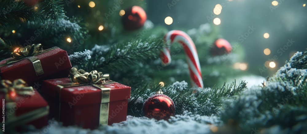 Poster christmas tree branches decorated with red gift boxes and a candy cane surrounded by soft snow and b
